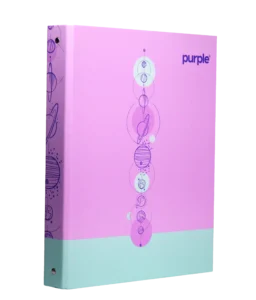Classeur A4 Purple rigide 4 anneaux motif astronomie système solaire mauve et turquoise