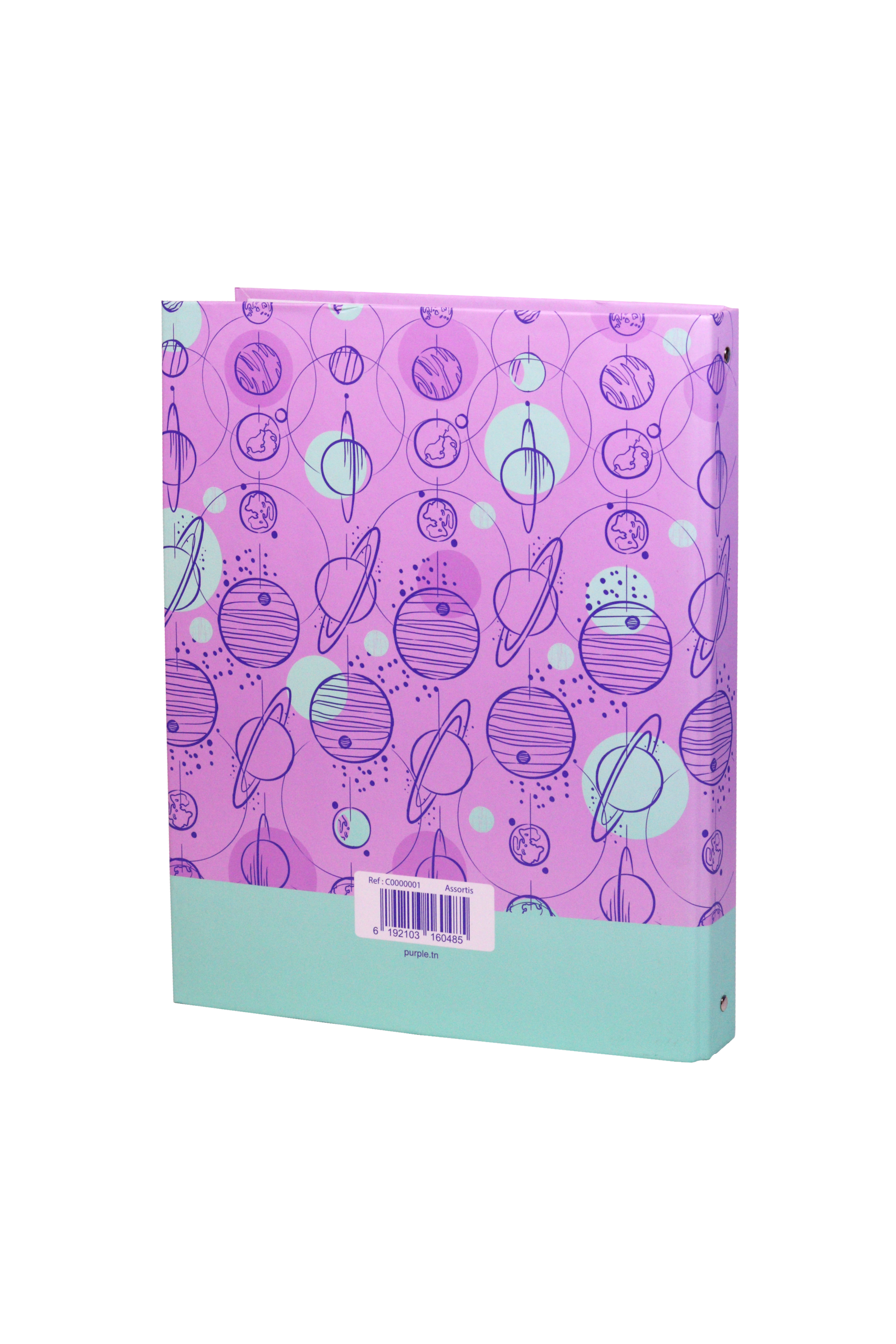 Classeur A4 Purple rigide 4 anneaux motif astronomie système solaire mauve et turquoise
