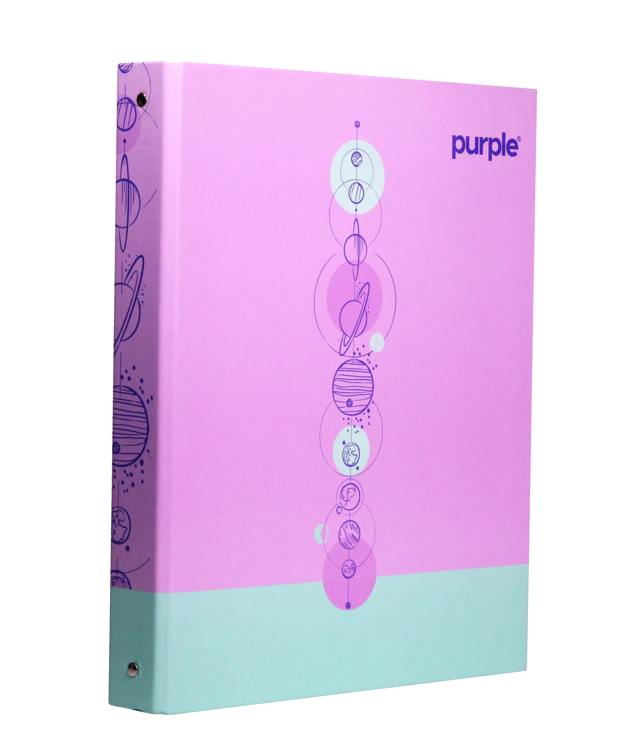Classeur A4 Purple rigide 4 anneaux motif astronomie système solaire mauve et turquoise