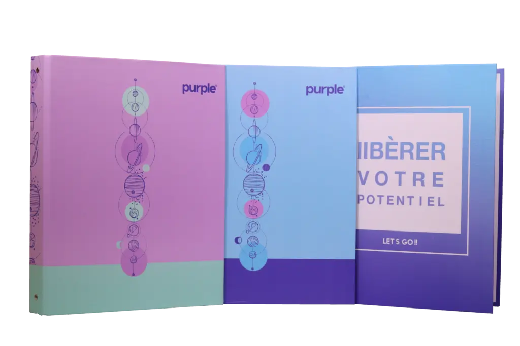 Classeur A4 Purple rigide 4 anneaux motif astronomie système solaire mauve et turquoise